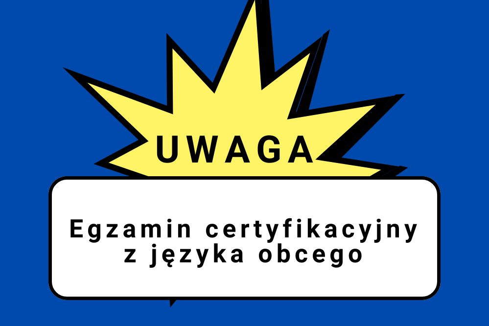 Napis uwaga egzamin certyfikacyjny z języka obcego na niebieskim tle